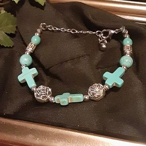 Turquoise and Silver Bracelet Cross and Roses